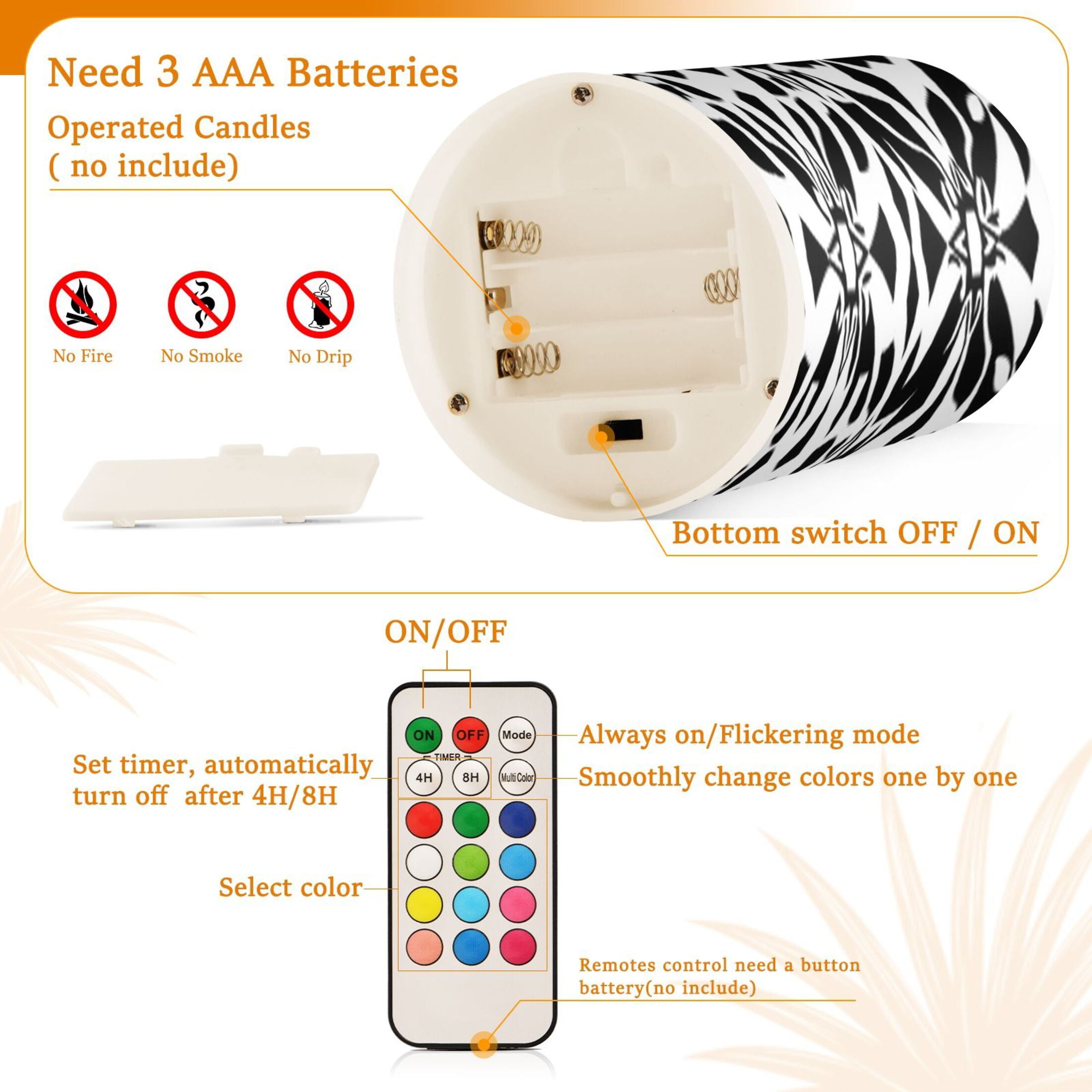 Black and White Art Pattern Flickering Flameless Candles Battery Operated with Remote Timer LED Pillar Candles Set of 2