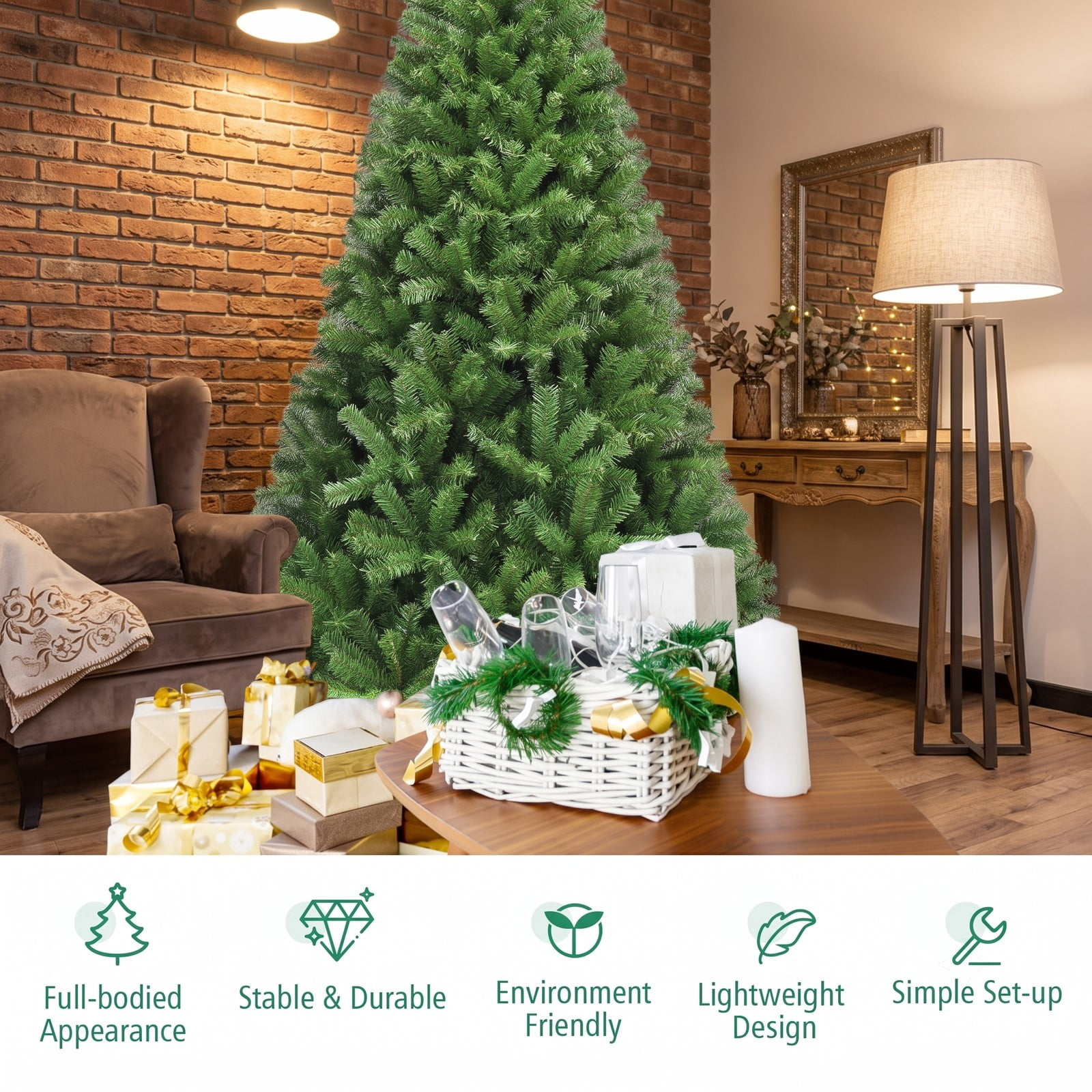 RUIE 6 ft Artificial Christmas Tree Premium Hinged PVC Xmas Pine Tree with 1000 Branch Tips and Sturdy Metal Stand for Indoor Holiday Decoration, Green