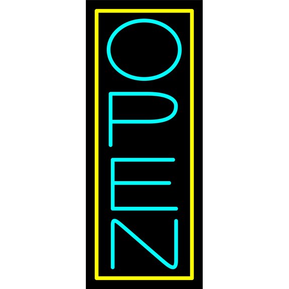 Aqua Open With Yellow Border Vertical LED Neon Sign 24 x 10 - inches, Black Square Cut Acrylic Backing, with Dimmer - Bright and Premium built indoor LED Neon Sign for storefront.