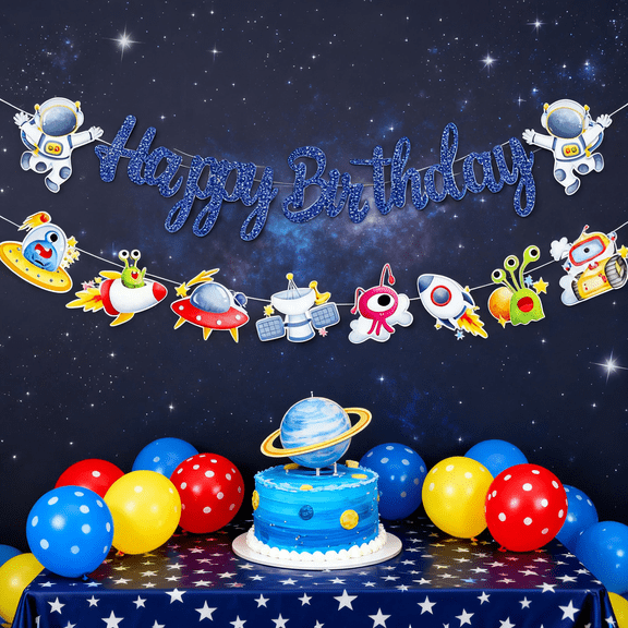 Space Theme Happy Birthday Banner Set - Sparkling Blue Letters with Astronaut Rocket Alien Decor for Party Decorations