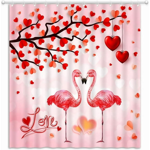 Valentine''s Day Shower Curtain Red Heart Love Tree Pink Flamingo Couple Happy Valentines Day Vintage Romantic Sweet Woman Bathroom Decor Fabric Curtains with Hooks