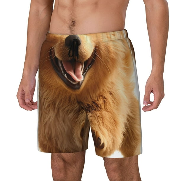 Balery Happy Fluffy Running Dog Bañador para hombre, shorts de playa de secado rápido con entrepierna y forro de compresión-3X-Large