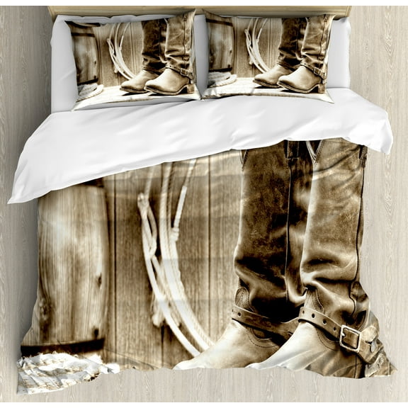 Western Duvet Cover Set, American West Themed Photograph Focused on Boots in Front of Cask Composition, Decorative 3 Piece Bedding Set with 2 Pillow Shams, Calking Size, Sepia and Beige, by Ambesonne