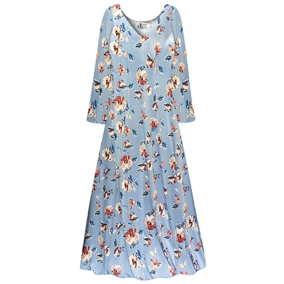 Plus size 8x Womens Dress Blue Fields Designer Print Long Sleeve High V-Neck Princess Cut