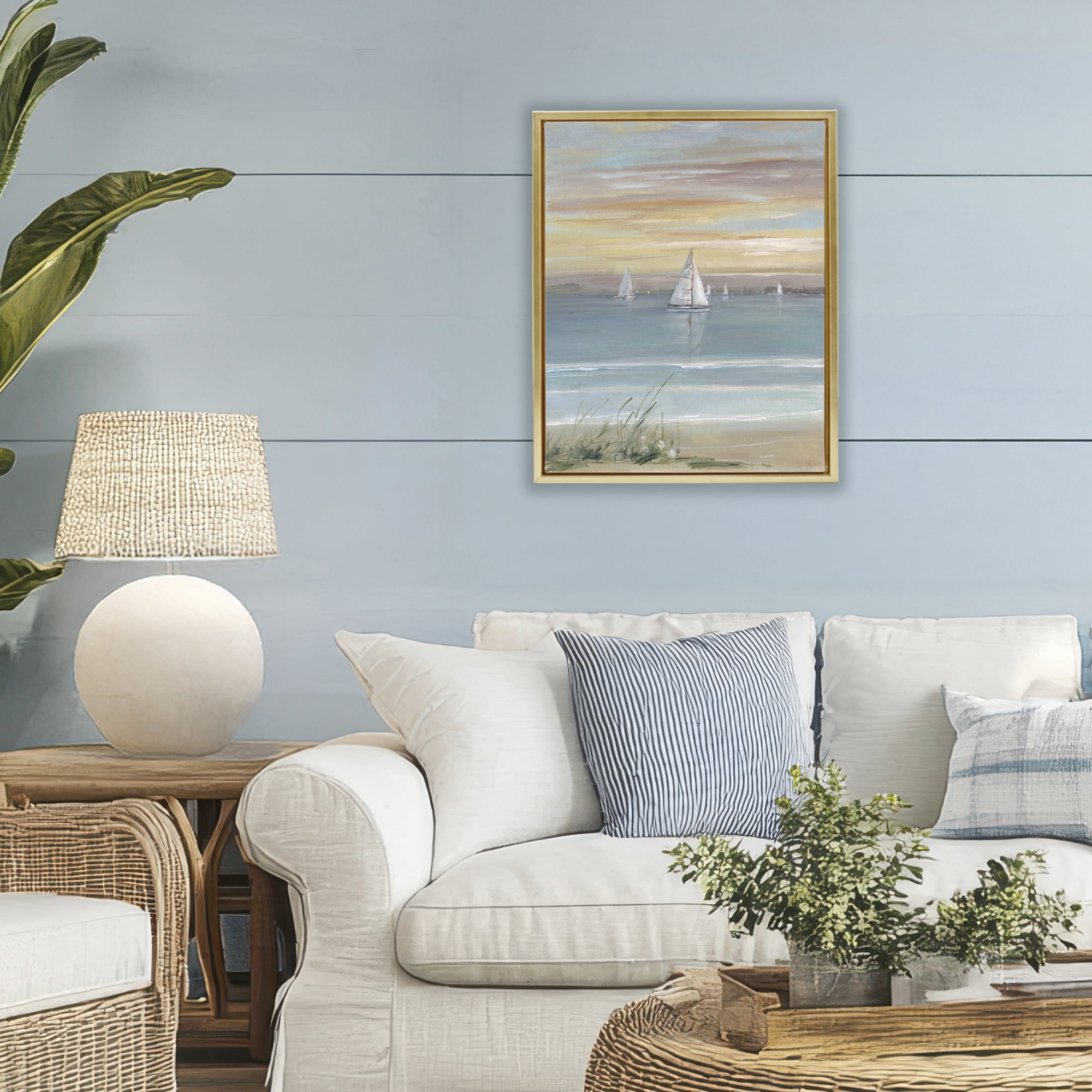 Stupell Industries Coastal Sailboats At Twilight Gold Framed Floater Canvas Wall Art, design by Sally Swatland