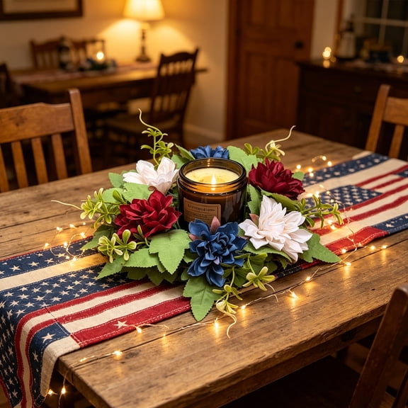 erdimoy 10" Patriotic Artificial Flower Candle Ring, Red White Blue Dahlia Wreath for 4th of July Independence Day Table Decor