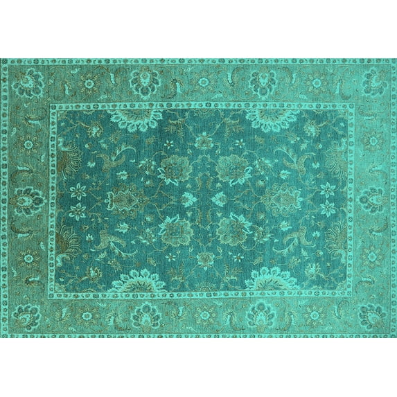 Ahgly Company Machine Washable Indoor Rectangle Oriental Turquoise Blue Industrial Area Rugs, 6' x 9'