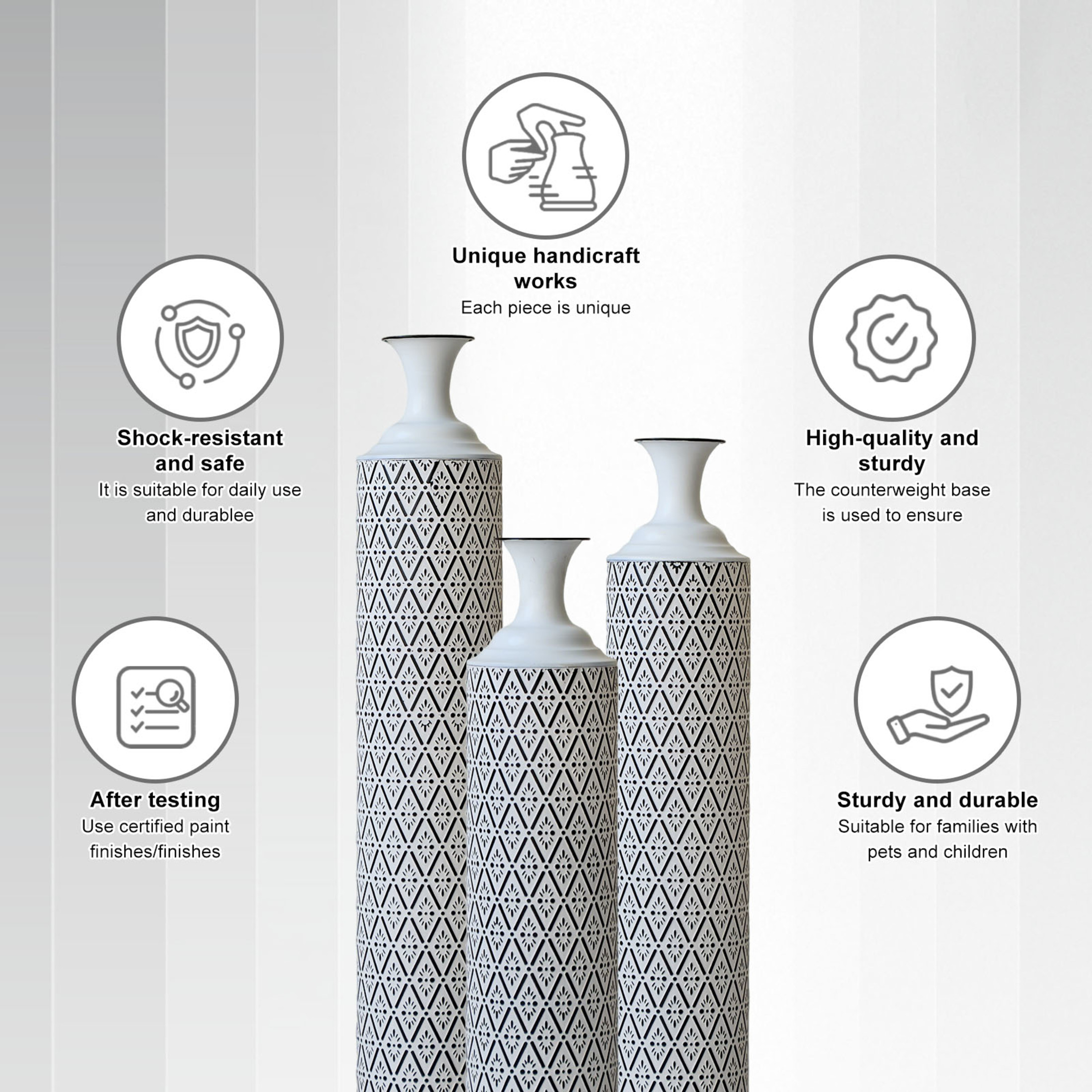 Noble House 33.85", 29.13", 24.8" Metal Floor Vase Set of 3, Geometric Pattern, White+Black