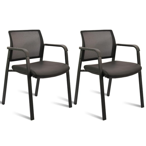 CLATINA Stackable Office Chair, Mesh Back Guest Chairs with Comfortable Leather Seat Arms Stacking Ergonomic Desk Chair No Wheels for Conference Waiting Reception School Stationary, Black, Set of 2