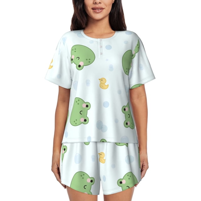 Balery Kawaii Frogs Conjunto de Pijama para Mujer con Estampado, Dos Piezas de Manga Corta y Shorts, Ropa de Dormir Suave con Cuello Redondo y Bolsillos-4X-Large