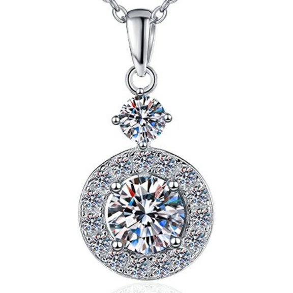 1 Carat Round Cut Moissanite Solitaire Pendant Necklace in 18k White Gold over 925 Sterling Silver, Female, Adult