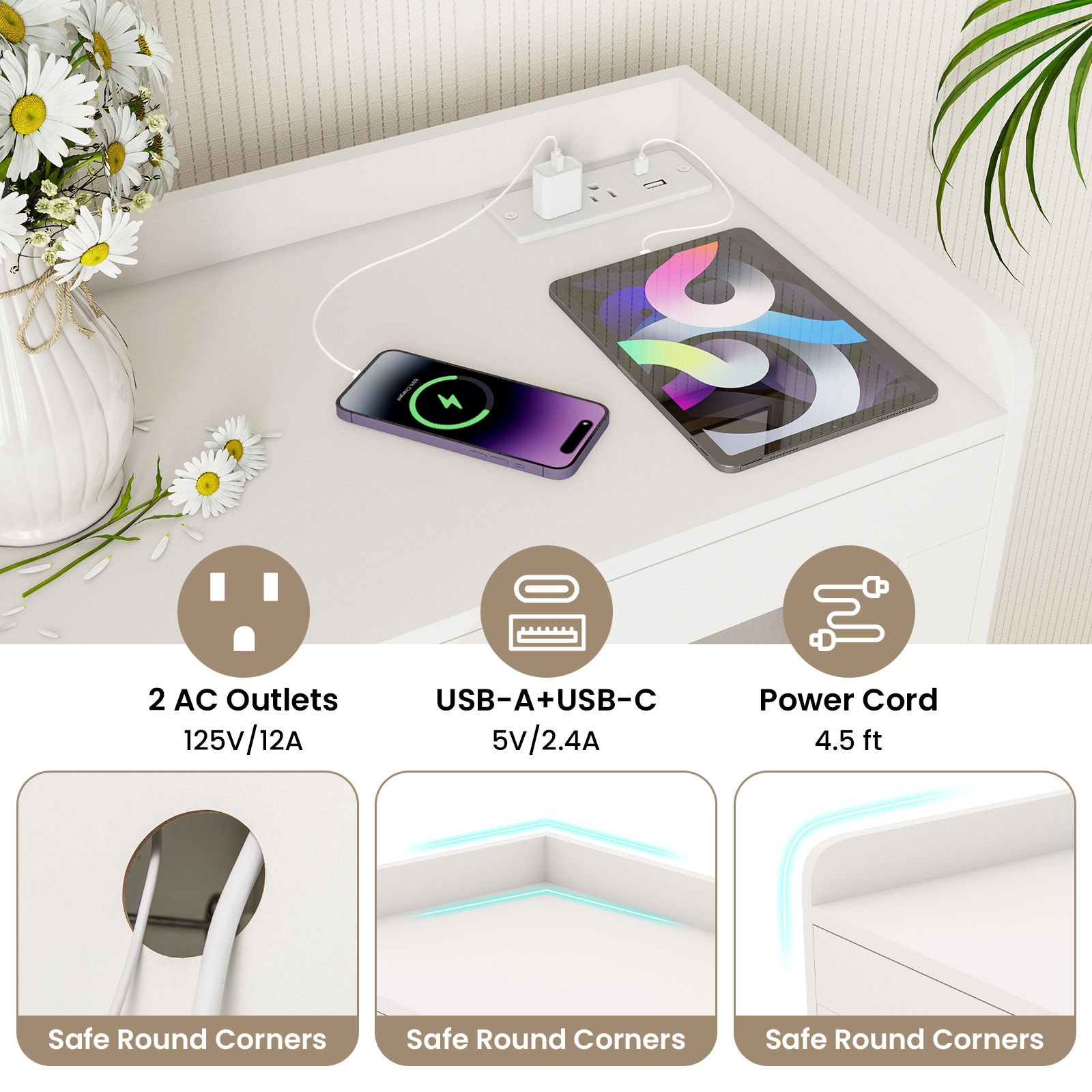 Gymax Kitchen Pantry Cabinet Power Outlet & APP Control LED Lights Acrylic Flip Door