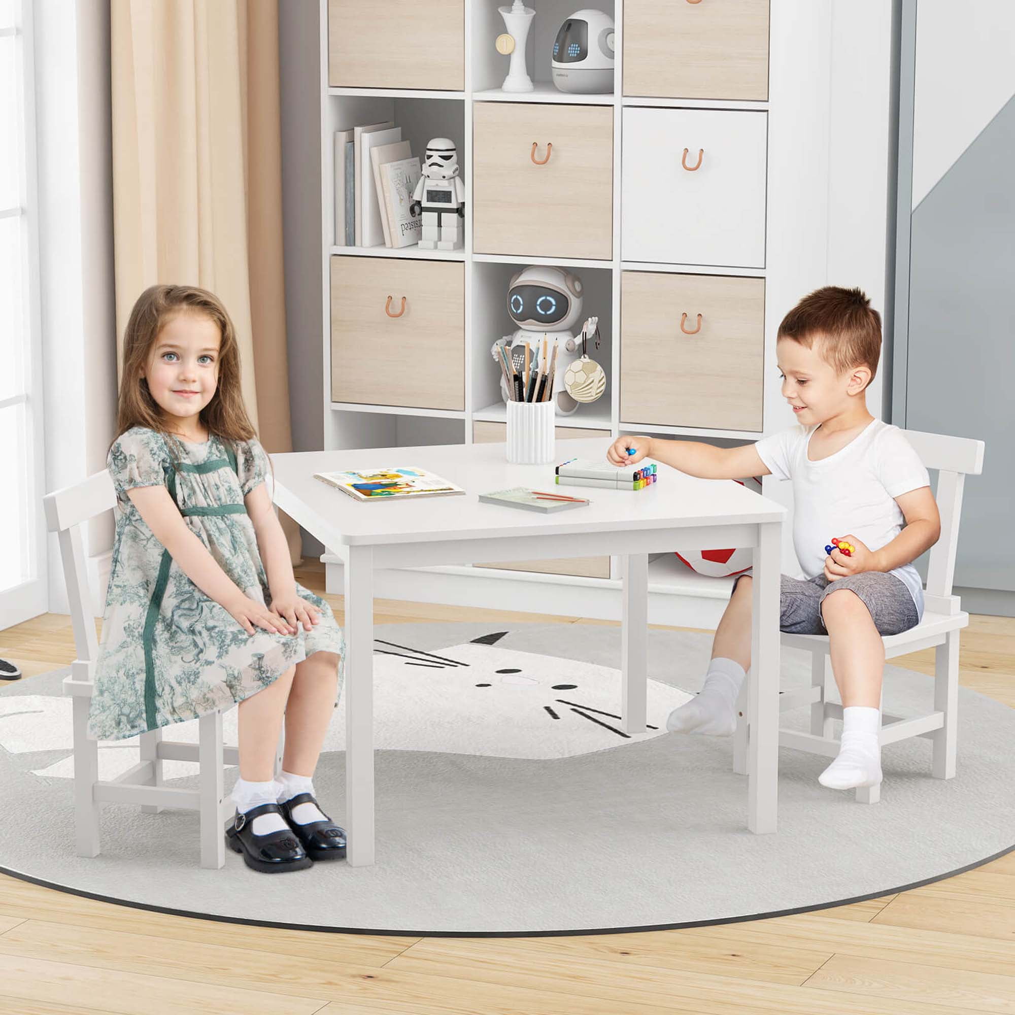 Costway Wooden Kids Table and 2 Chairs Set with Rubber Wood Legs Anti-slip Foot Pads White