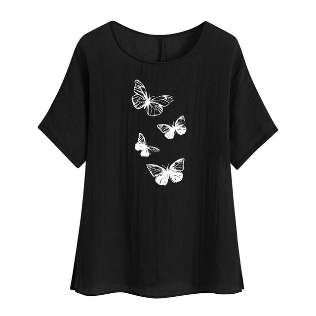 VSSSJ Chemise en Coton et Lin pour Femmes Coupe Ample Imprimé Papillon Col Rond Manches Raglan Blouse d'Été Confortable Noir P