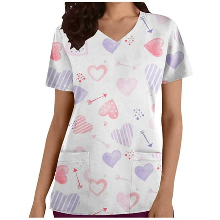 

RQYYD Women Scrub Undershirt Heart Printed Holiday Scrub Tops Valentine s Day Nursing Scrub Uniforms Cute Short Sleeve V Neck Shirts(4#White XXL)