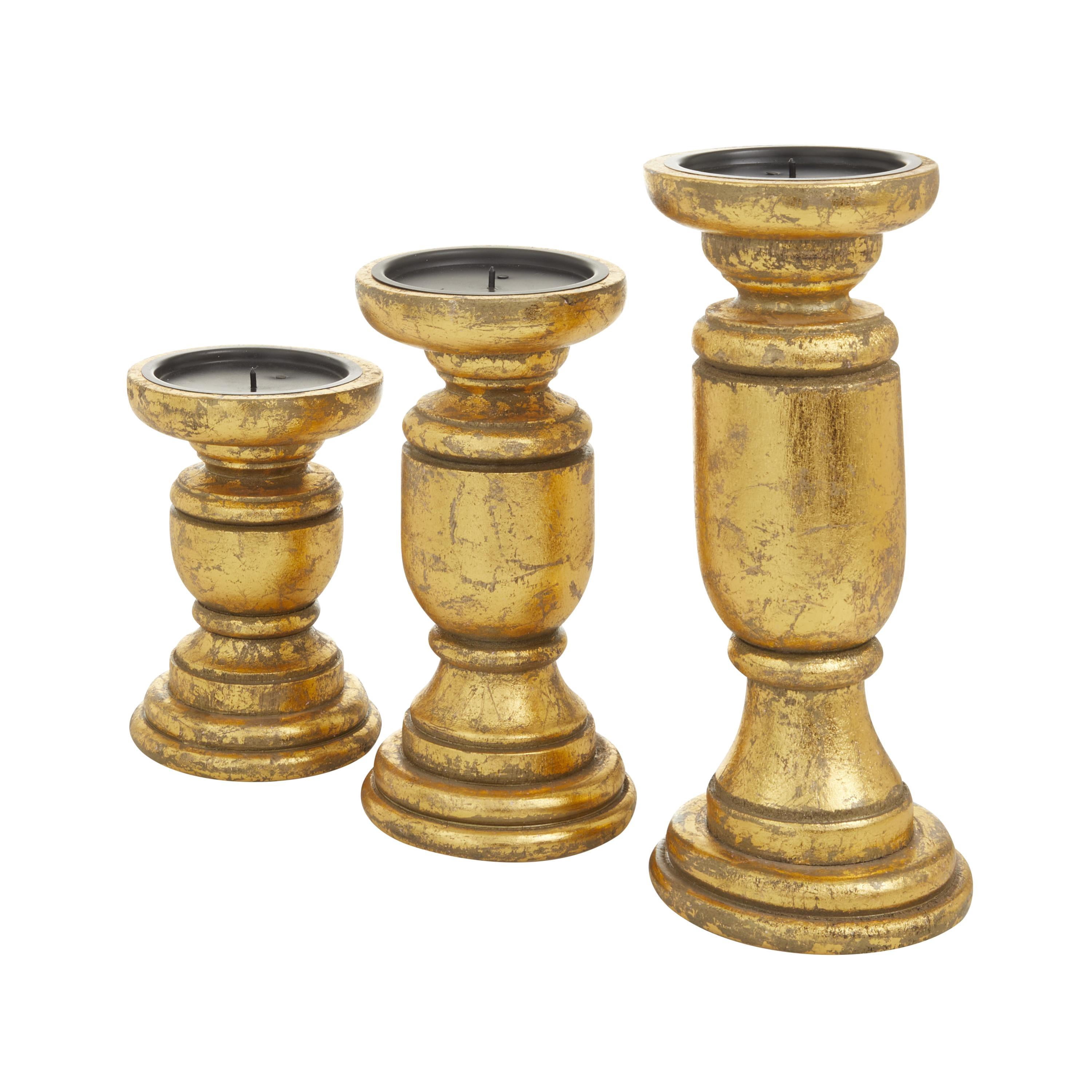 DecMode 3 Candle Gold Mango Wood Turned Style Pillar Candle Holder, Set of 3
