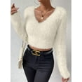 thumbnail image 6 of Women'S Fuzzy Long Sleeve V Neck Crop Sweater Casual Plain Slim Fit Warm Knitwear Sweater Pullovers Apricot L, 6 of 8