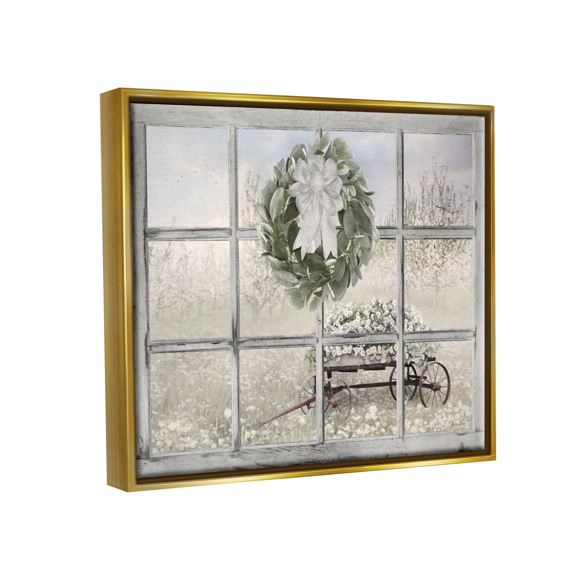 Stupell Rustic Meadow Floral Wagon Landscape Painting Gold Floater Framed Art Print Wall Art