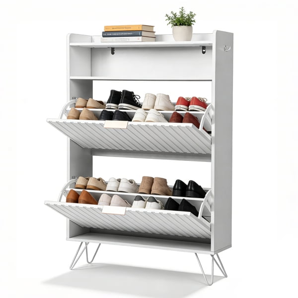 White Shoe Cabinet with Grille Design Flip-Top Compartment 2 Drawers High Feet Side Metal Hooks Slim Storage Organizer for Entryway Hallway Apartment Mudroom
