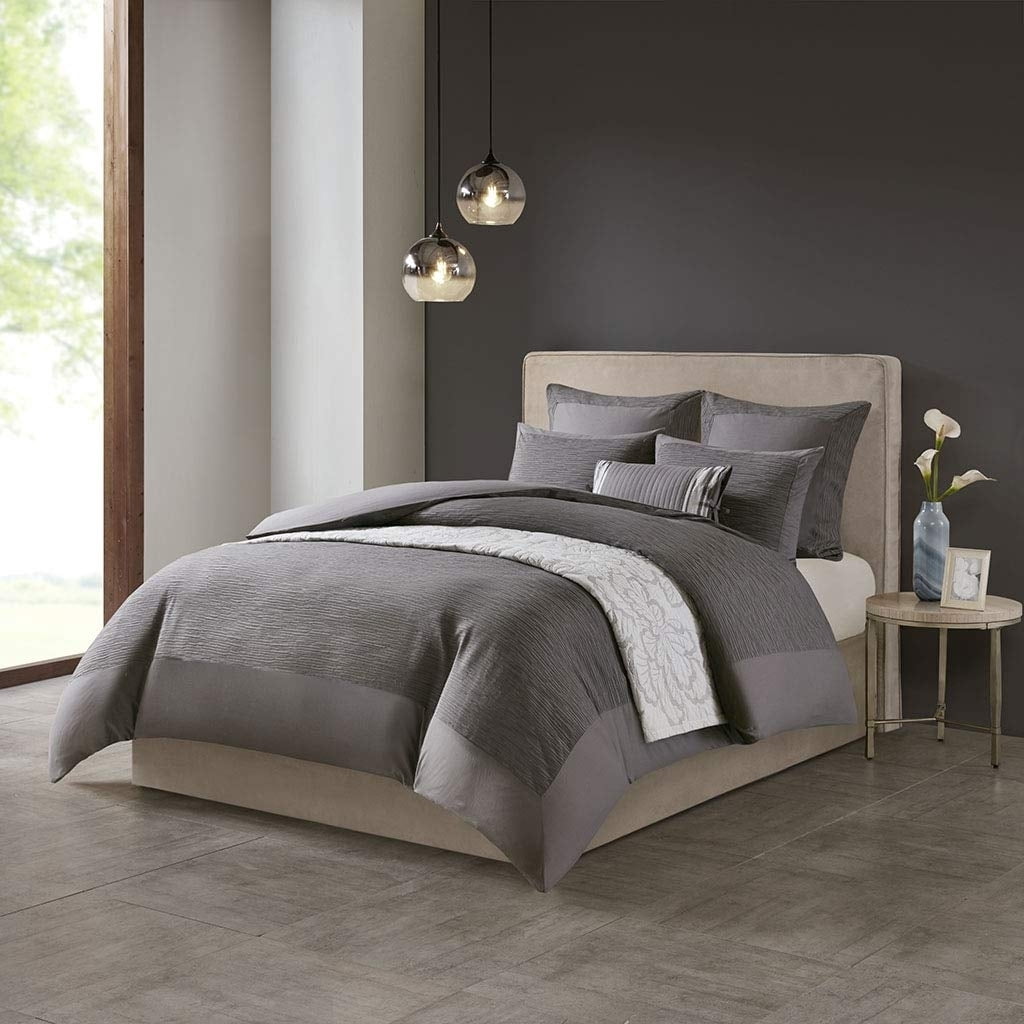 N Natori Hanae 3 Piece Cotton Blend Duvet Set Yarn Dyed Bedding Cover King/Cal King Size Grey