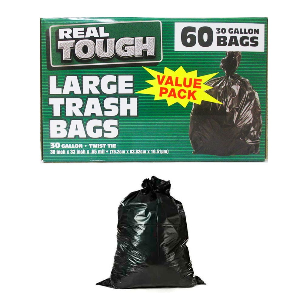 60 Large Trash Bags Commercial 30 Gallon Flap Tie Black Heavy Duty