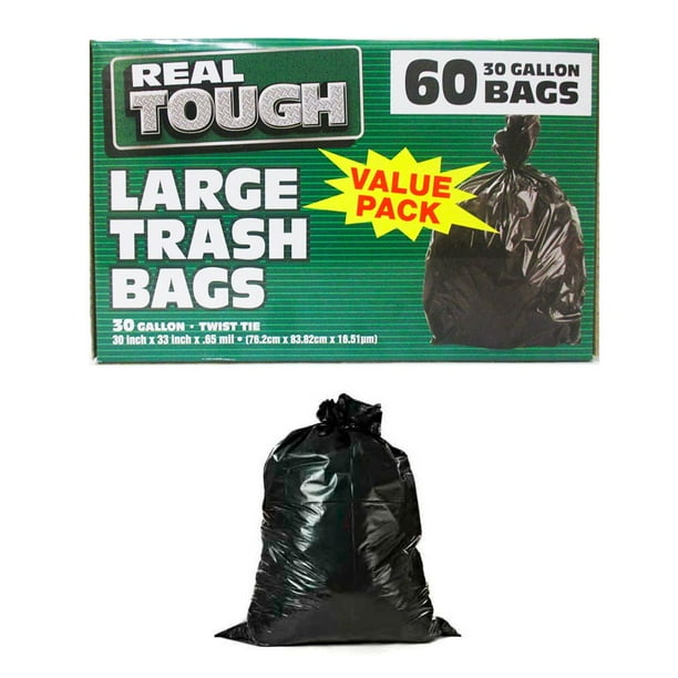 60 Large Trash Bags Commercial 30 Gallon Flap Tie Black Heavy Duty