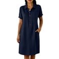 thumbnail image 2 of QUNYINEY Midi Casual Dresses for Women Faux Cotton Linen Blue Short Sleeve Shirt Dress with Pockets Collared Button Loose Fit Dresses, 2 of 6
