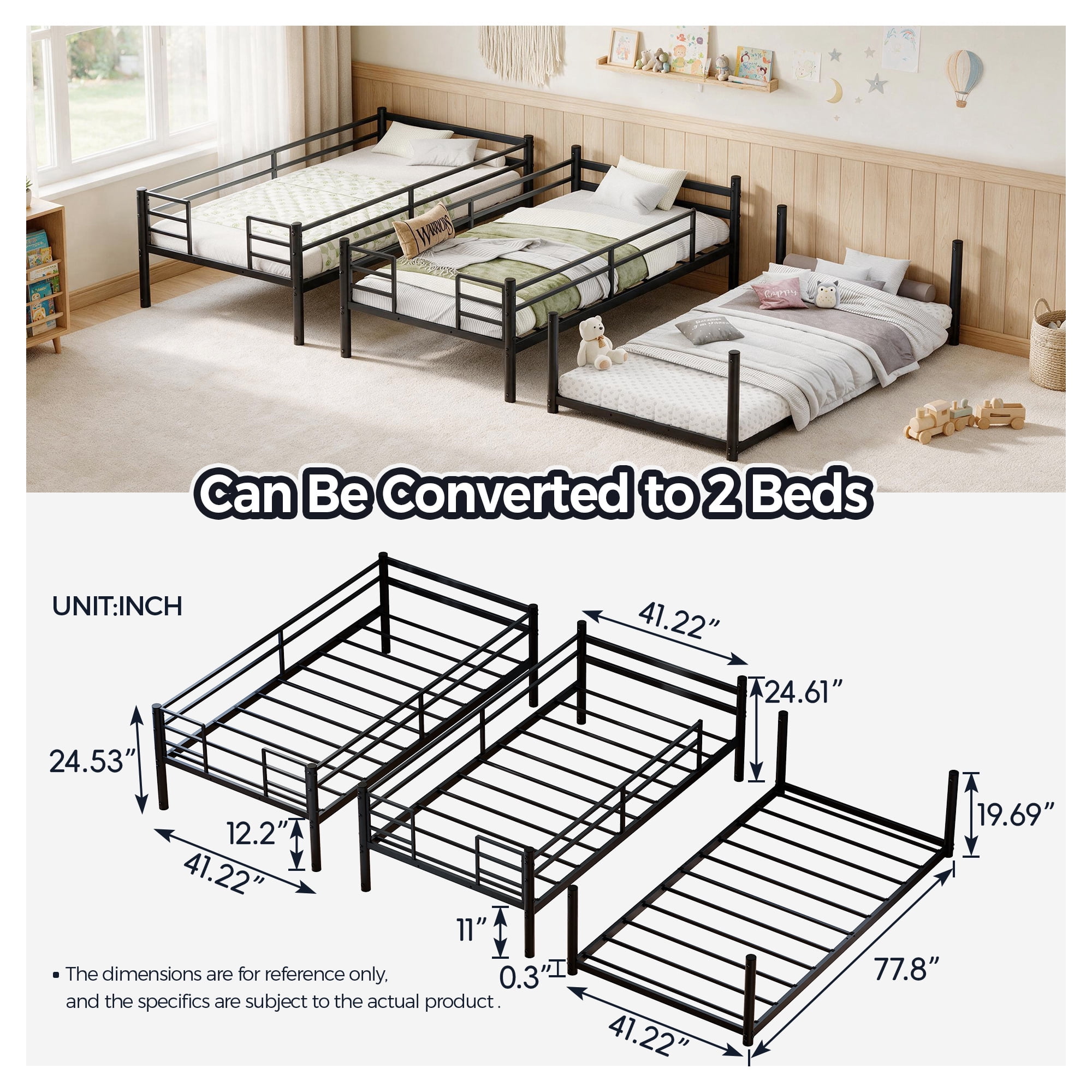 Leumius Triple Bunk Bed for 3 Kids/Teens,Bunk Bed Twin Over Twin Over Twin,Heavy Duty Metal Bed Frame with Guardrail and Ladder, No Box Spring Needed,Black