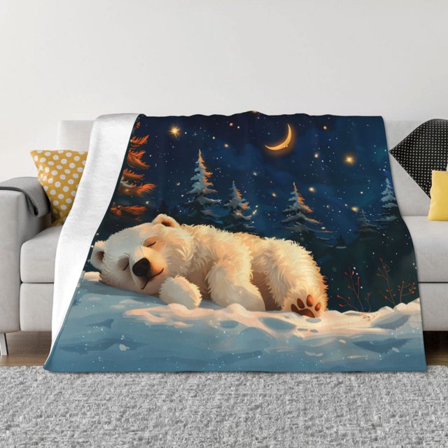 Balery Starry Sky Sleep White Bear Manta de Franela con Dibujo, Lujo Ultra Suave y Cálido, Antipelusa y Resistente a las Arrugas para Cama, Sofá, Camping -80"x60"