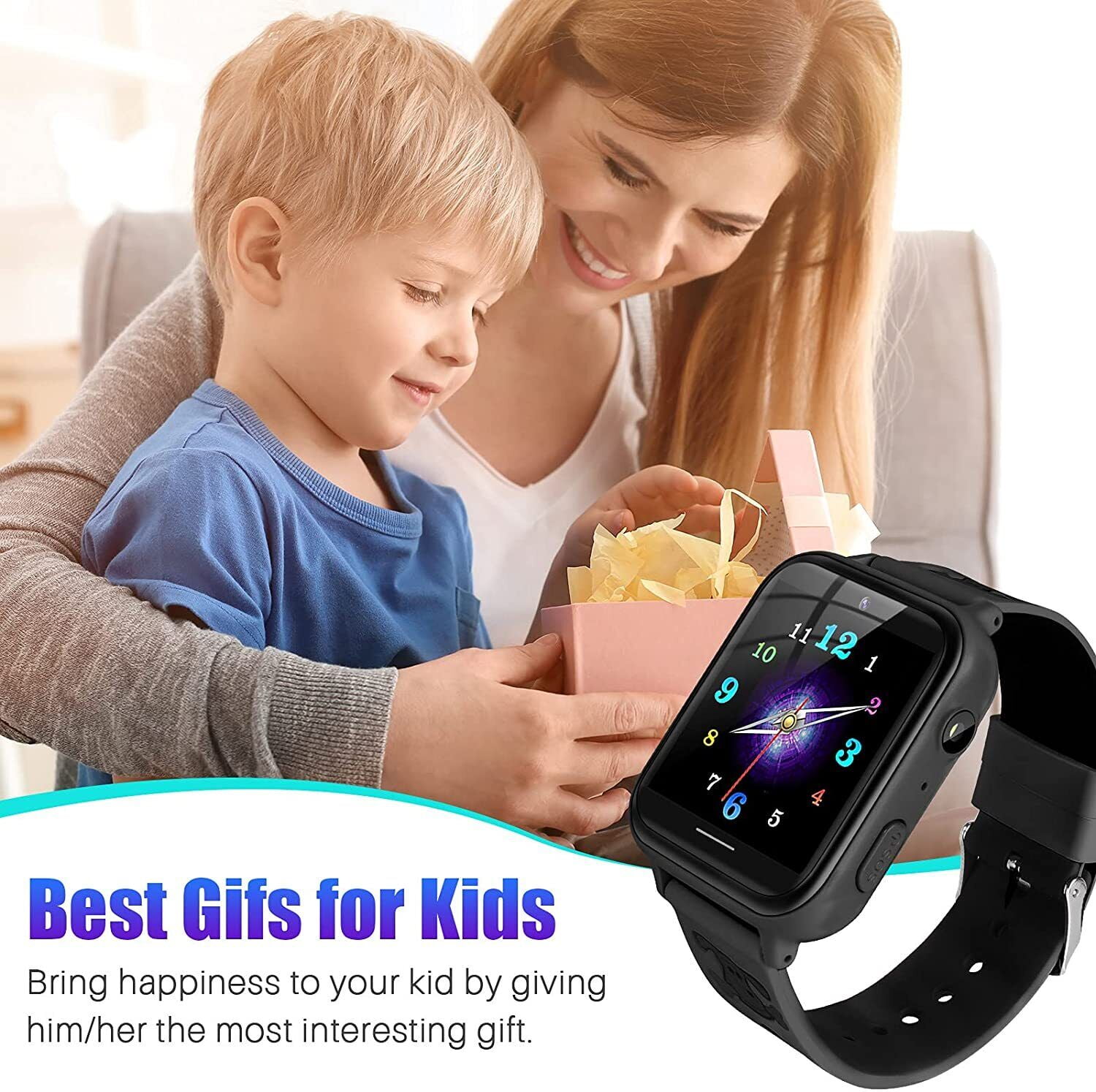 JIAN YA NA Smart Watch for Kids, Kids Watch with 10 Games Camera Music SOS Call Alarm, Birthday Gifts for Age 4-12 Boys Girls（Black）