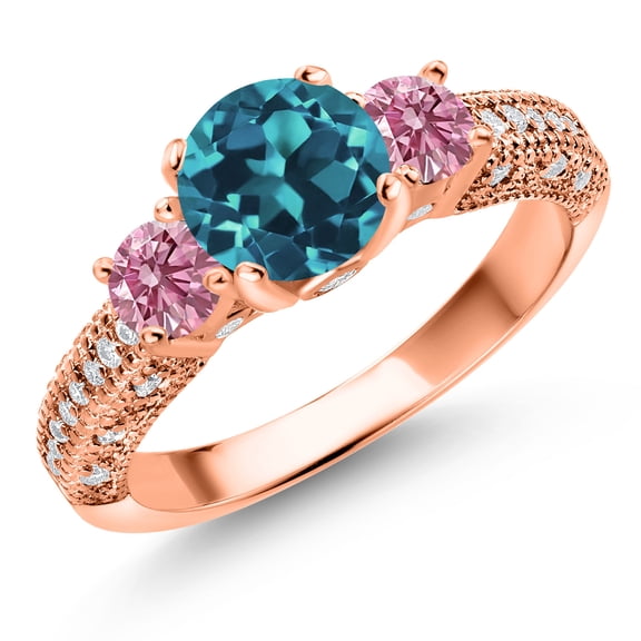 Gem Stone King 18K Rose Gold Plated Silver London Blue Topaz Pink Lab Grown Diamond and White Moissanite Engagement Ring for Women (2.28 Cttw, Gemstone November Birthstone, Round 7MM and 4MM, Size 9)
