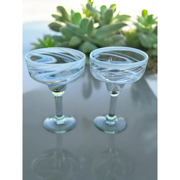 White Swirl Margarita Glasses; Hand-Blown Mexican Glassware; 7” Tall, 5” Wide; Dishwasher Safe (2 Glasses)