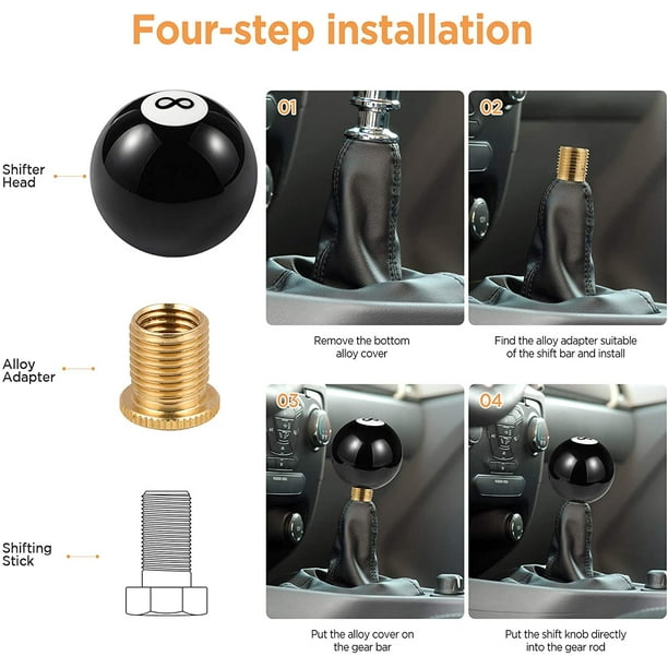 Pommeau de levier de vitesse rond en acrylique à 8 boules de billard noir  avec 3 adaptateurs universels pour voiture manuelle (noir) 