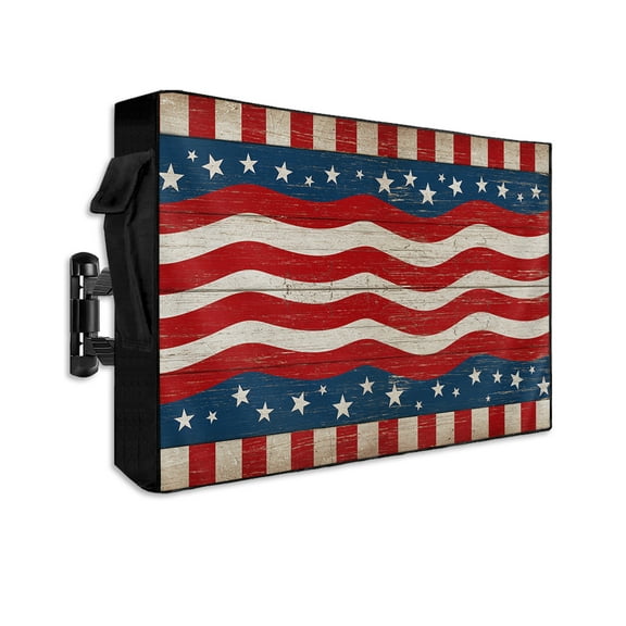 4th of July Outdoor TV Cover 48 to 50 Inch Weatherproof, Vintage Red Beige Stripes Independence Day 600D Oxford TV Covers with Waterproof Zipper, Outside Flat TV Screen Protector Size 48"Wx30"Hx4.5"D