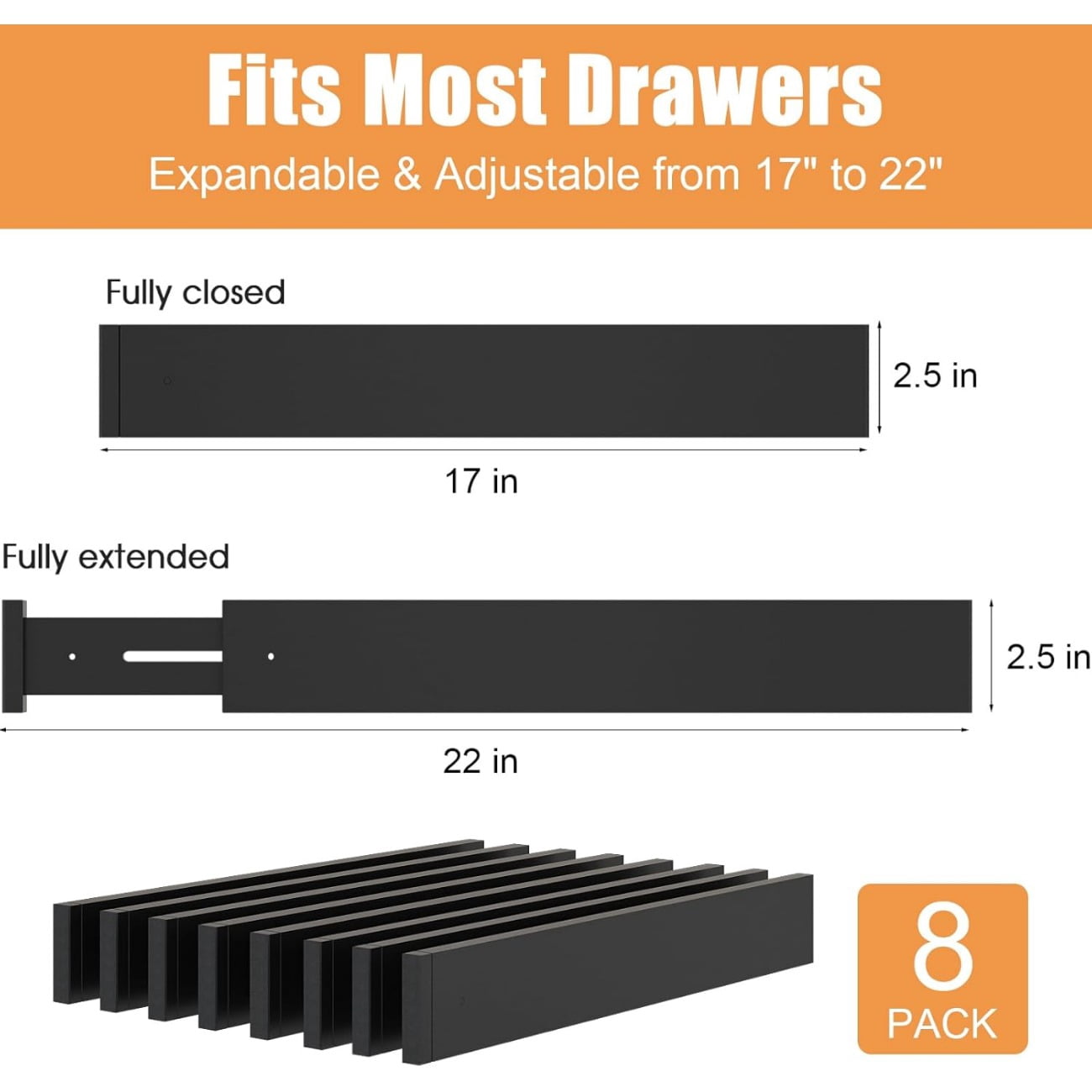 8 Pack Drawer Dividers 2.5" High, 17-22" Adjustable Dresser Drawer Organizers for Clothes, Expandable Dresser Separators in Bedroom/Bathroom/Kitch