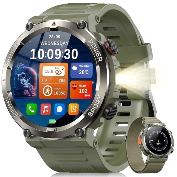 LUOMATE 1.45" Men Military Smartwatch with Fitness Tracker, Bluetooth Calling, 100 Sport Modes, IP68 Waterproof, Pedometer, Outdoor Sports Watch Compatible Android iPhone (Green)