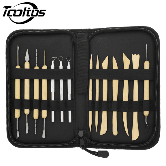 TOOLTOS 14 Piece Pottery & Clay Tools Set with Canvas Case - Wooden & Metal Sculpting Kit for Ceramics, Carving, Jewelry Making