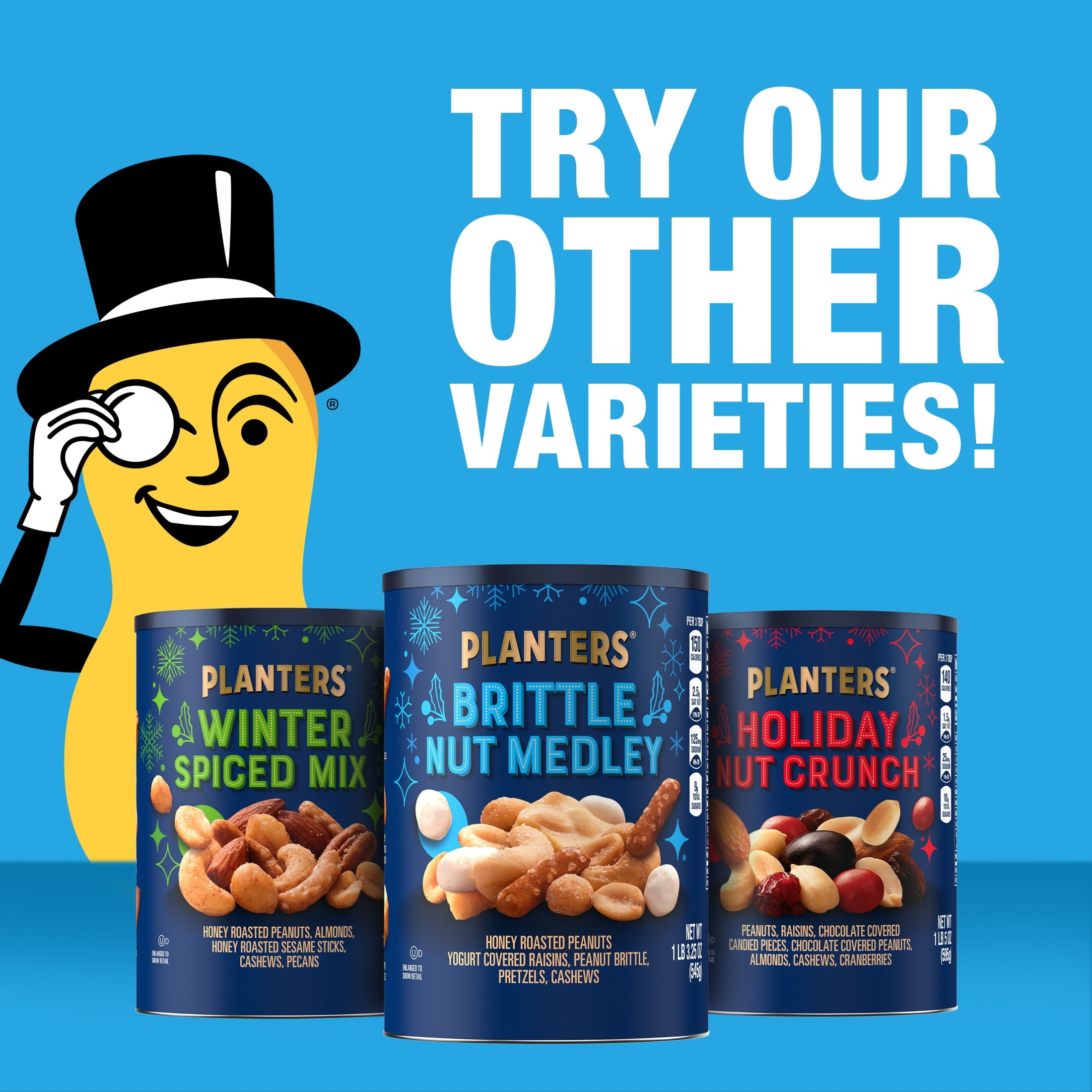 PLANTERS Winter Edition Brittle Nut Medley Trail Mix Snack with Honey Peanuts, Yogurt Raisins, Peanut Brittle, Pretzels and Cashews, Plant Based Protein, 1.20 lb. Canister
