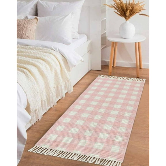 Pink Buffalo Plaid Hallway Runner Rug 2x6ft,Farmhouse Pink White Checkered Washable Woven Living Room Bedroom Kitchen Bathrom Carpet with Tassels,Indoor Outdoor Throw Door Mat for Entryway