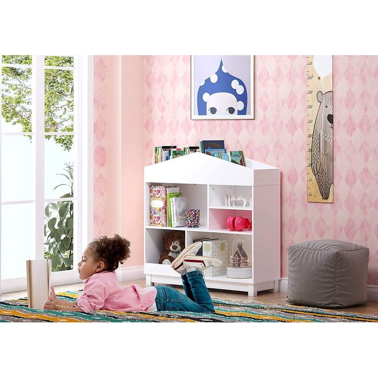 White dollhouse bookcase with pink cheap roof
