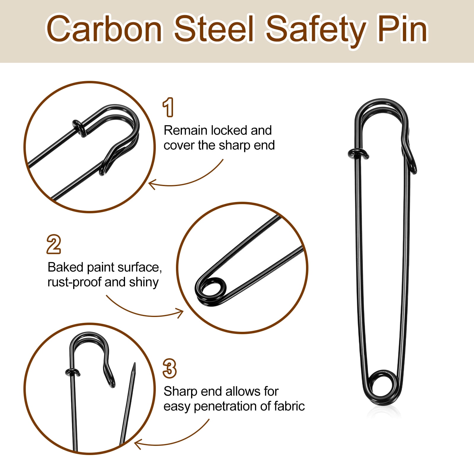Uxcell 30pcs Safety Pins 100mm Baked Paint Large Safety Pin for Clothes, Black
