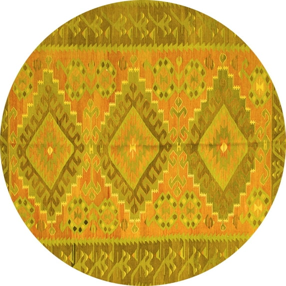 Ahgly Company Machine Washable Indoor Round Oriental Yellow Traditional Area Rugs, 3' Round