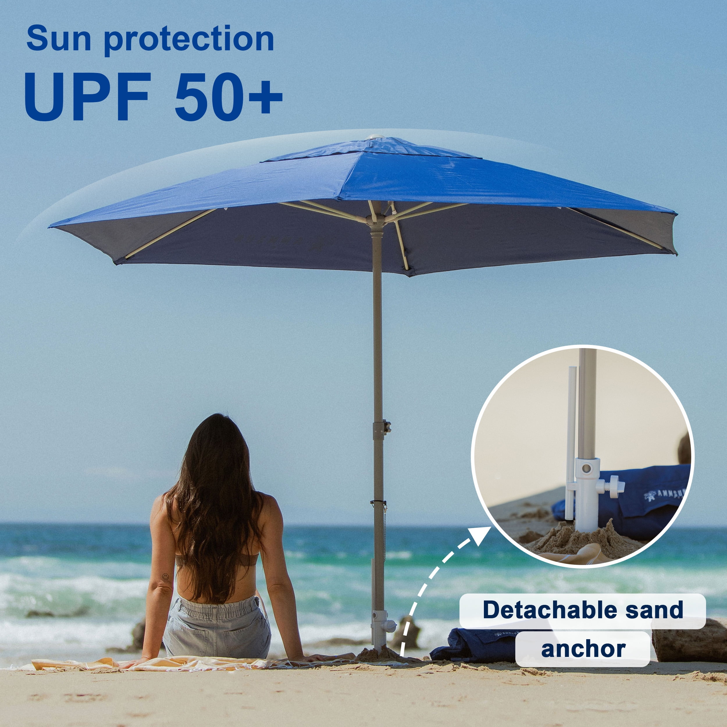 AMMSUN 8ft Commercial Heavy Duty Beach Umbrella with Sand Anchor UPF50+ Without Tilt,Blue