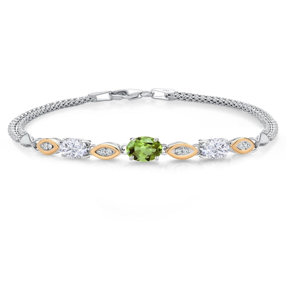 Gem Stone King 925 Silver and 10K Yellow Gold Green Peridot and White Moissanite and White Lab Grown Diamond Bracelet for Women (1.96 Cttw, Gemstone August Birthstone, Oval, Wheat Chain, 6.5 inches)