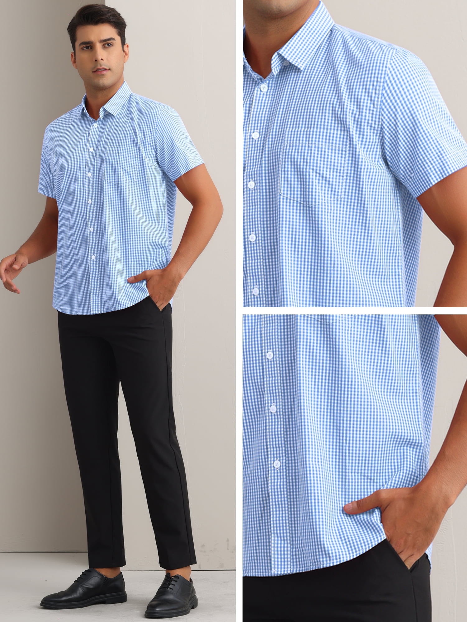DARING DIVA Men's Gingham Tartan Button Short Sleeve Business Plaid Dress Shirt XL Blue