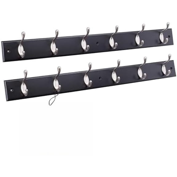 Oval Hook Coat and Hat Rack | 6 Hooks | 2 Pack | Wall Mount | Black Finish | Satin Nickel Hooks