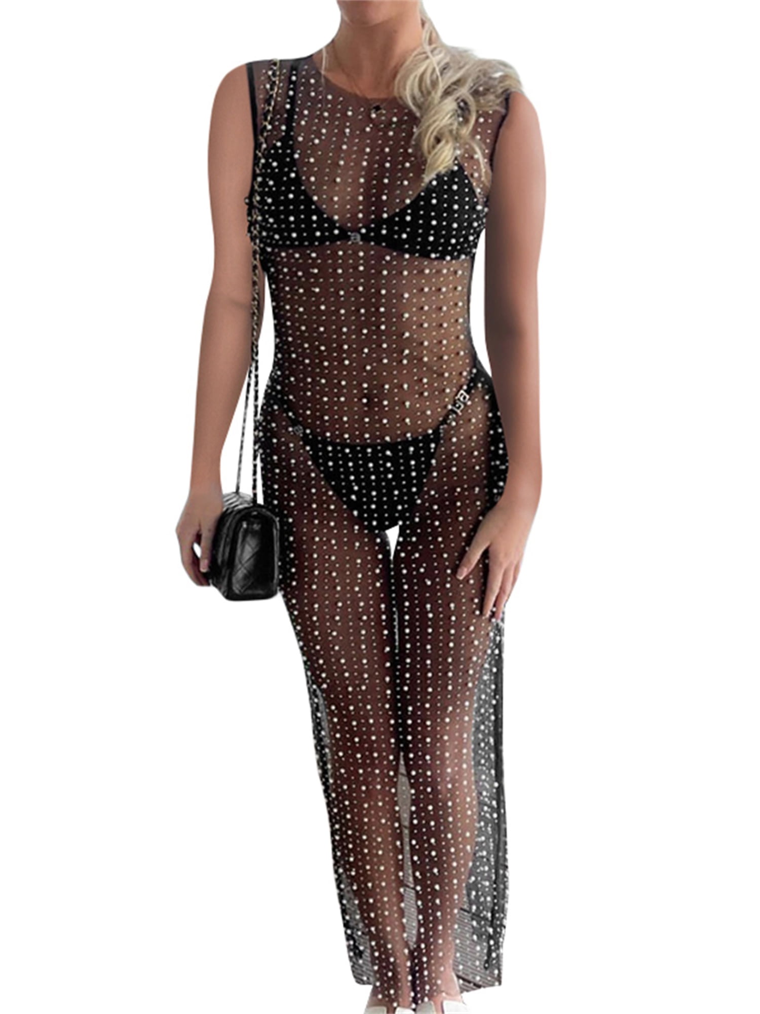 Sexy Women's Pearl Rhinestone Sheer Mesh Swimsuit Cover Up Tank Dress