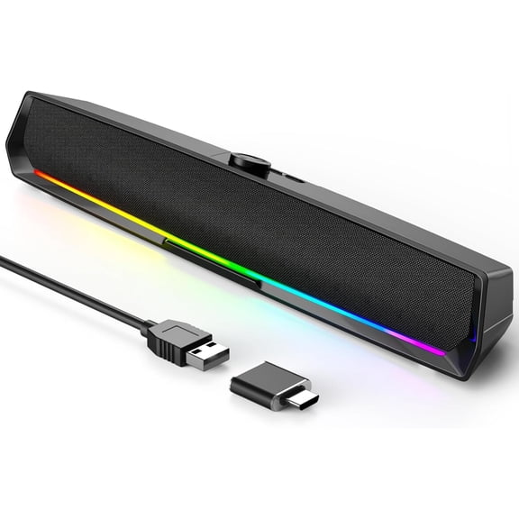 Speakers for Desktop,PC Speakers Gaming Sound bar with Colorful Light,USB Speaker With for PCs Desktop Laptop Tablets,Wired Speaker for Phones(Type-C Adapter Included)