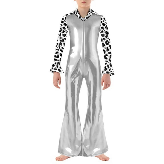 Jhaoyu Boys Disco Overalls Metallic Printed Long Sleeve Zip Up Bell Bottom Dance Jumpsuits Silver 10