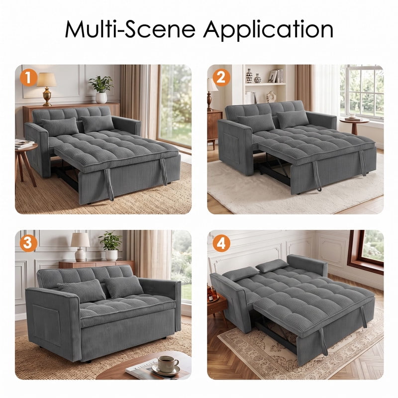 Anpport 54" 3‑in‑1 Convertible Sleeper Sofa Bed, Corduroy Pull‑Out Couch with Adjustable Backrest, Side Pockets & 2 Pillows for Small Spaces, Dark Gray